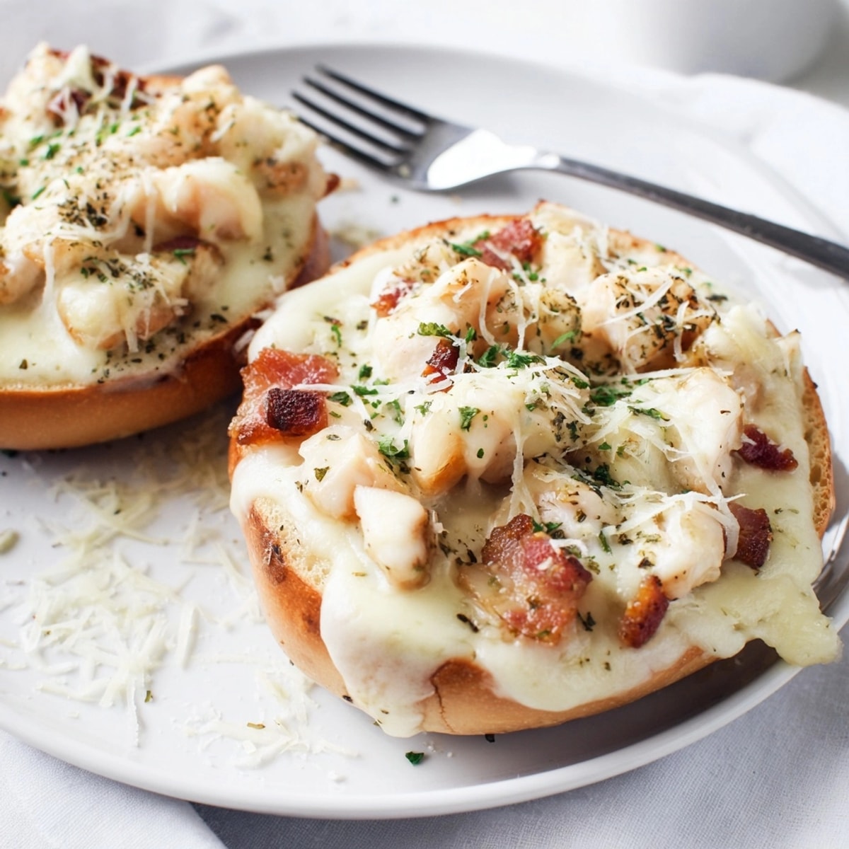 Close-up of bubbly, melted cheese on a golden Alfredo Chicken Bacon Pizza Bagel.