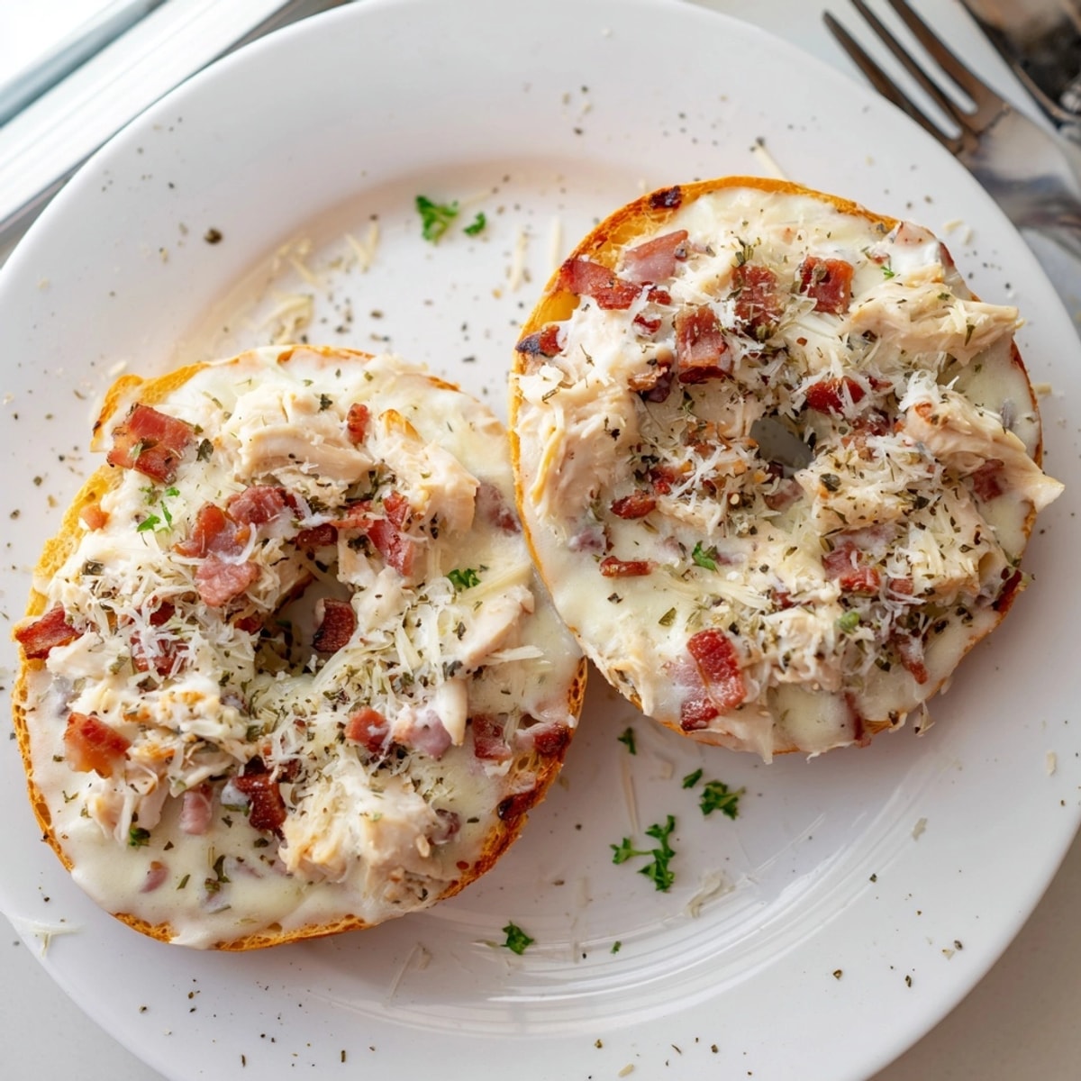 Warm, cheesy Alfredo Chicken Bacon Pizza Bagels, fresh from the oven and garnished with parsley.