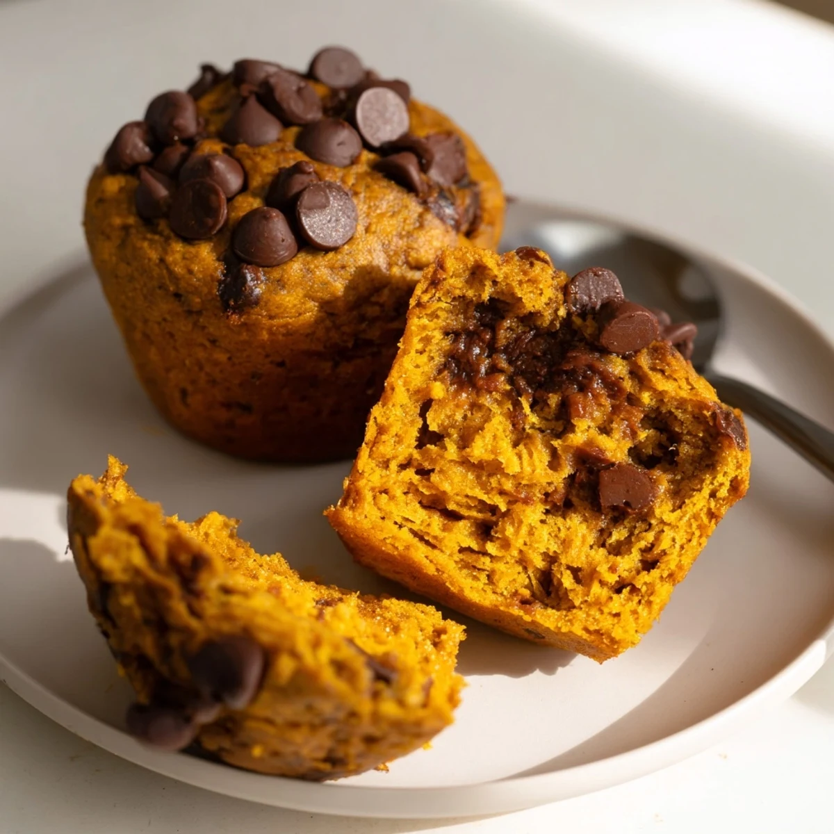 Deliciously spiced vegan pumpkin chocolate chip muffins, ideal for breakfast or snacks.  