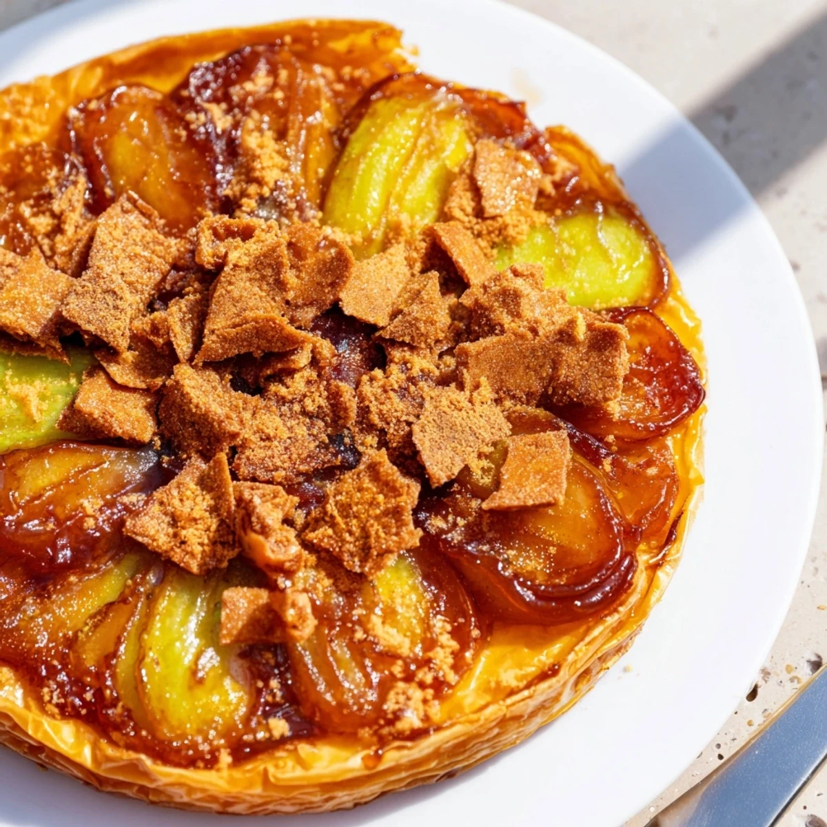 Golden-brown Caramel Apple Tarte Tatin, showcasing caramelized apples and a flaky pastry crust.  