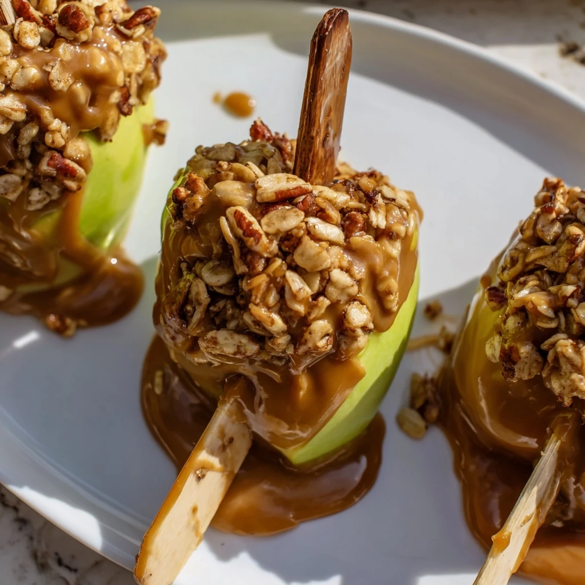 Crunchy caramel-coated apples rolled in nutty granola for a perfect party snack.  