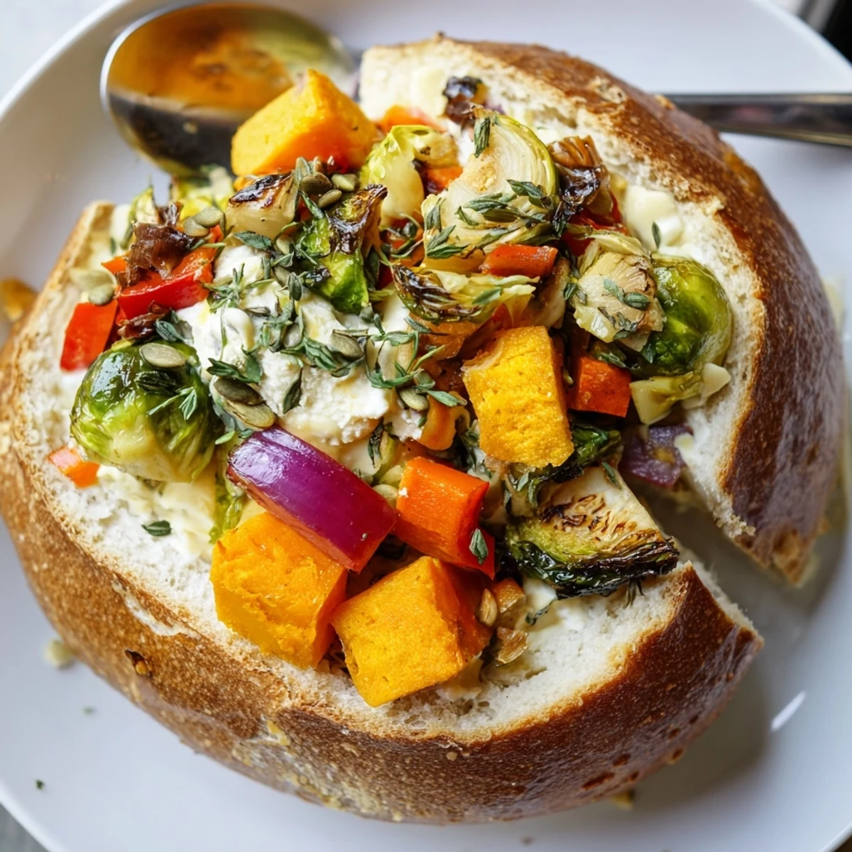 Thanksgiving Veggie Stuffed Dip Bowls filled with colorful roasted veggies and creamy cheese dip.  