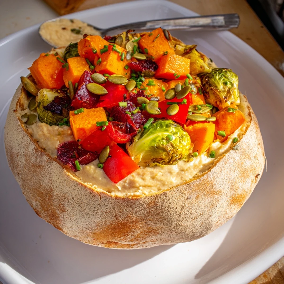 Delightfully warm Thanksgiving Veggie Stuffed Dip Bowls served with crispy bread for dipping.  