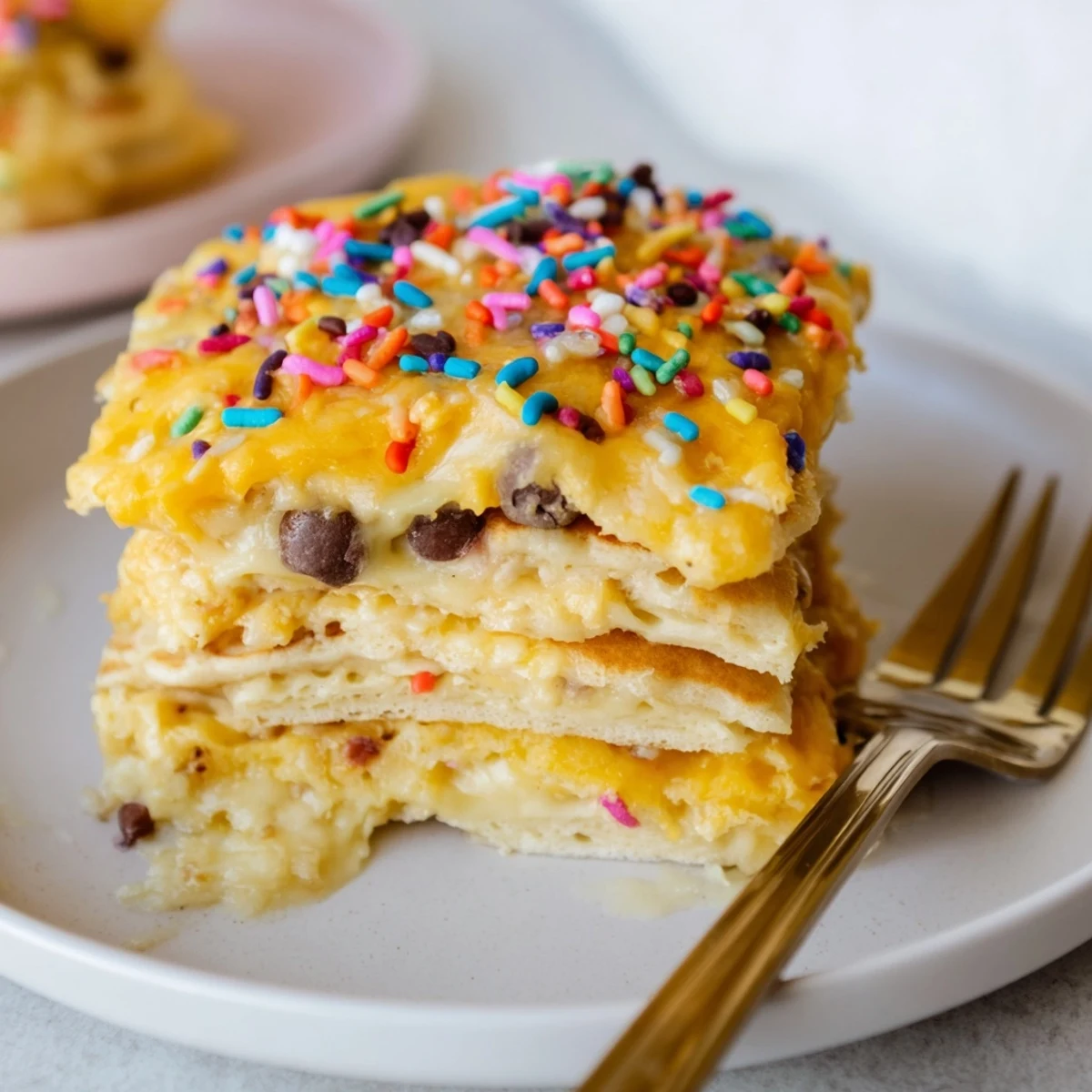 Delicious Cheesy Monster Cake Pancake Bars topped with colorful sprinkles and melted cheese.  