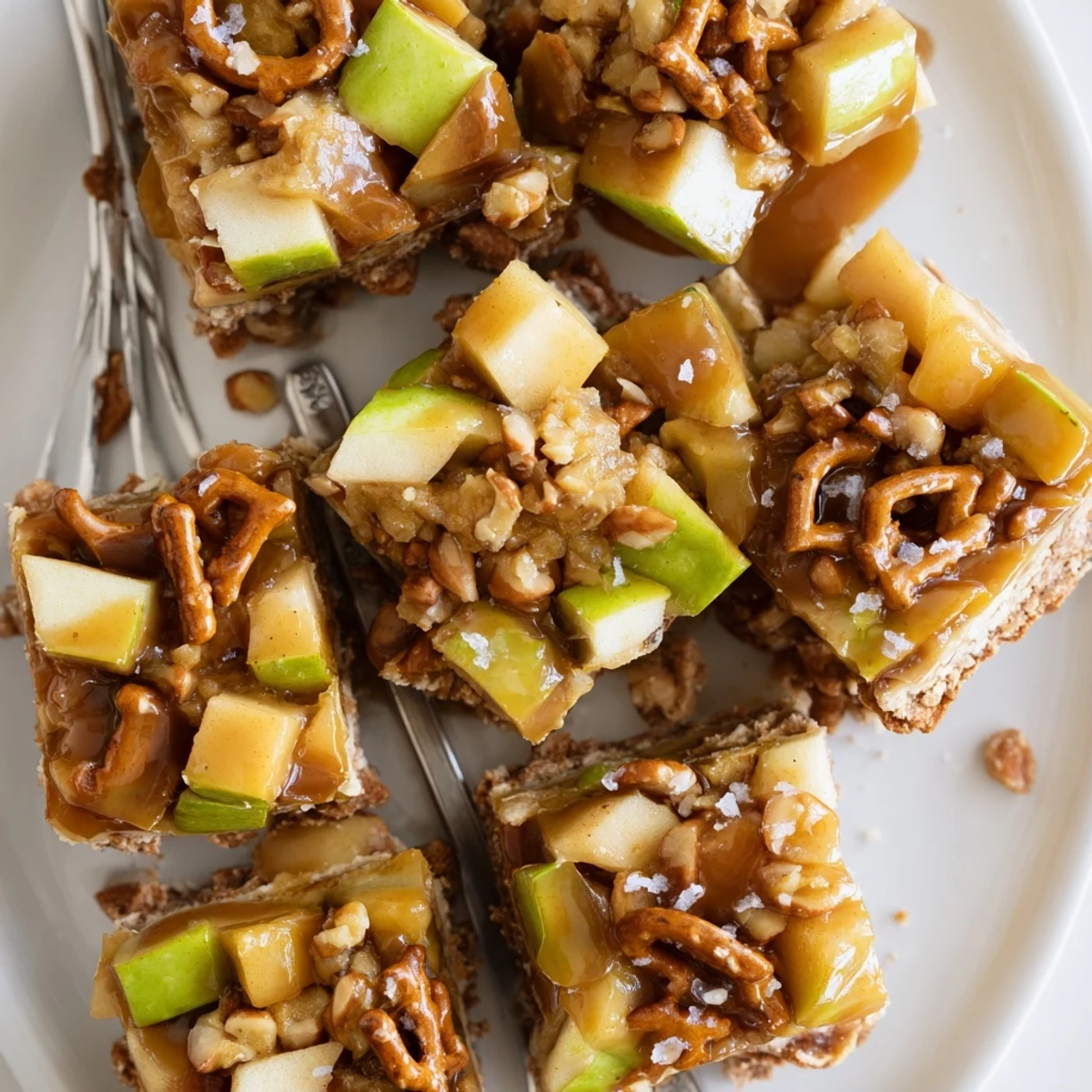 Warm caramel apple spicy pretzel biscuit bars served with a scoop of vanilla ice cream.