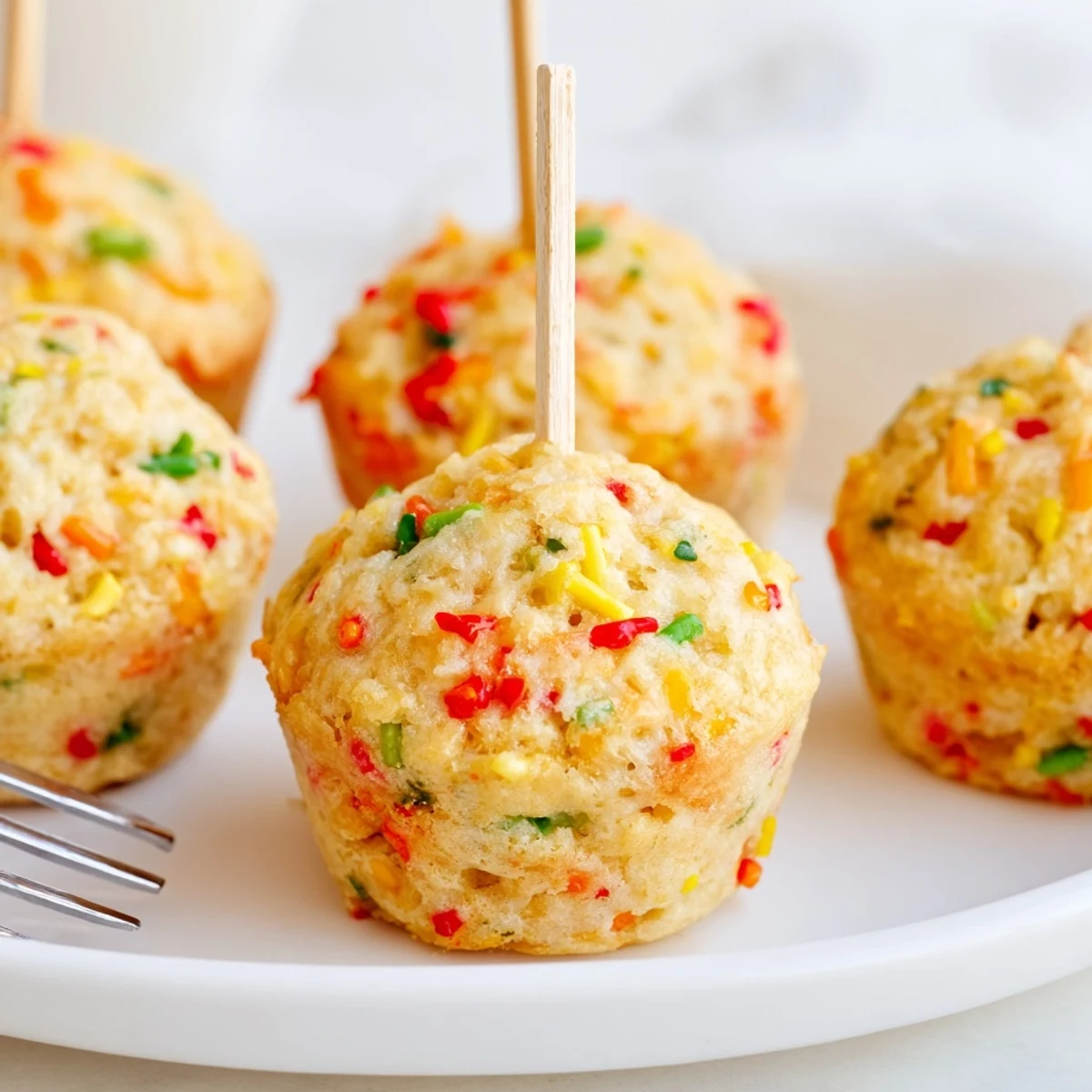 Colorful Chili Garlic Funfetti Muffin Pops fresh from the oven, ideal for party appetizers.
