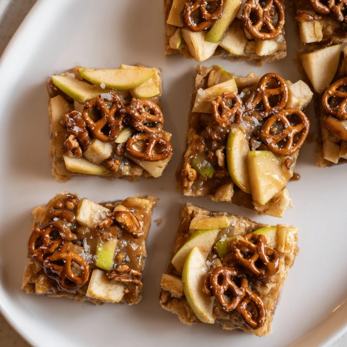 Warm Caramel Apple Spicy Pretzel Biscuit Bars drizzled with gooey caramel and flaky sea salt.