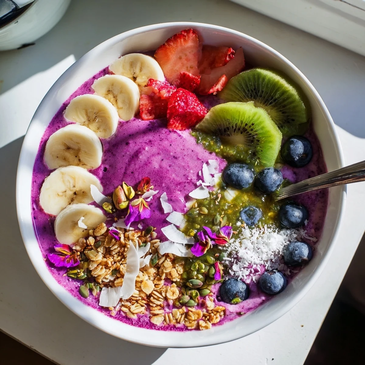 Colorful smoothie bowls featuring purple yam and berries, perfect for breakfast delight.  