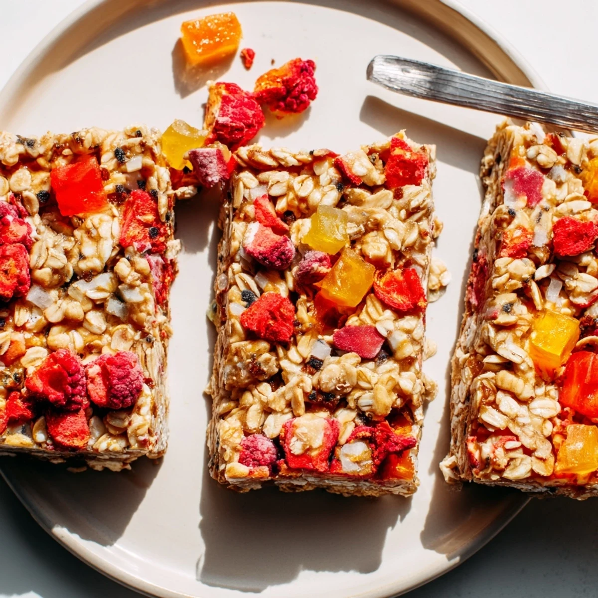 Chewy DIY snack bars topped with fruity homemade gummies and freeze-dried candy.  