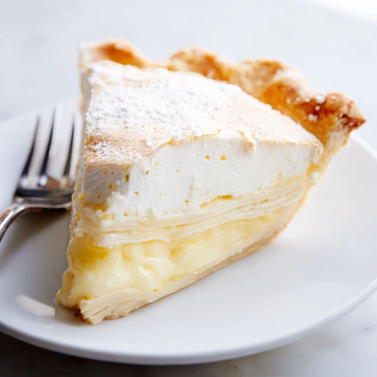 Creamy water pie with a golden crust, perfect for nostalgic dessert lovers.  