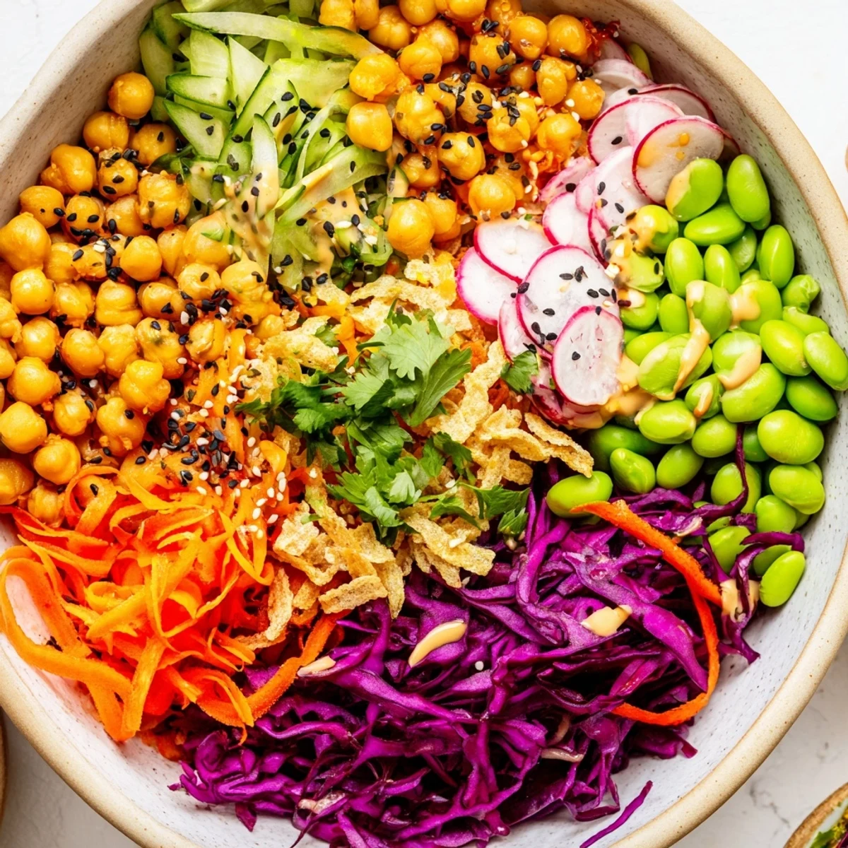 Delicious ASMR Crunch Snack Bowls topped with roasted chickpeas and crunchy rice puffs.