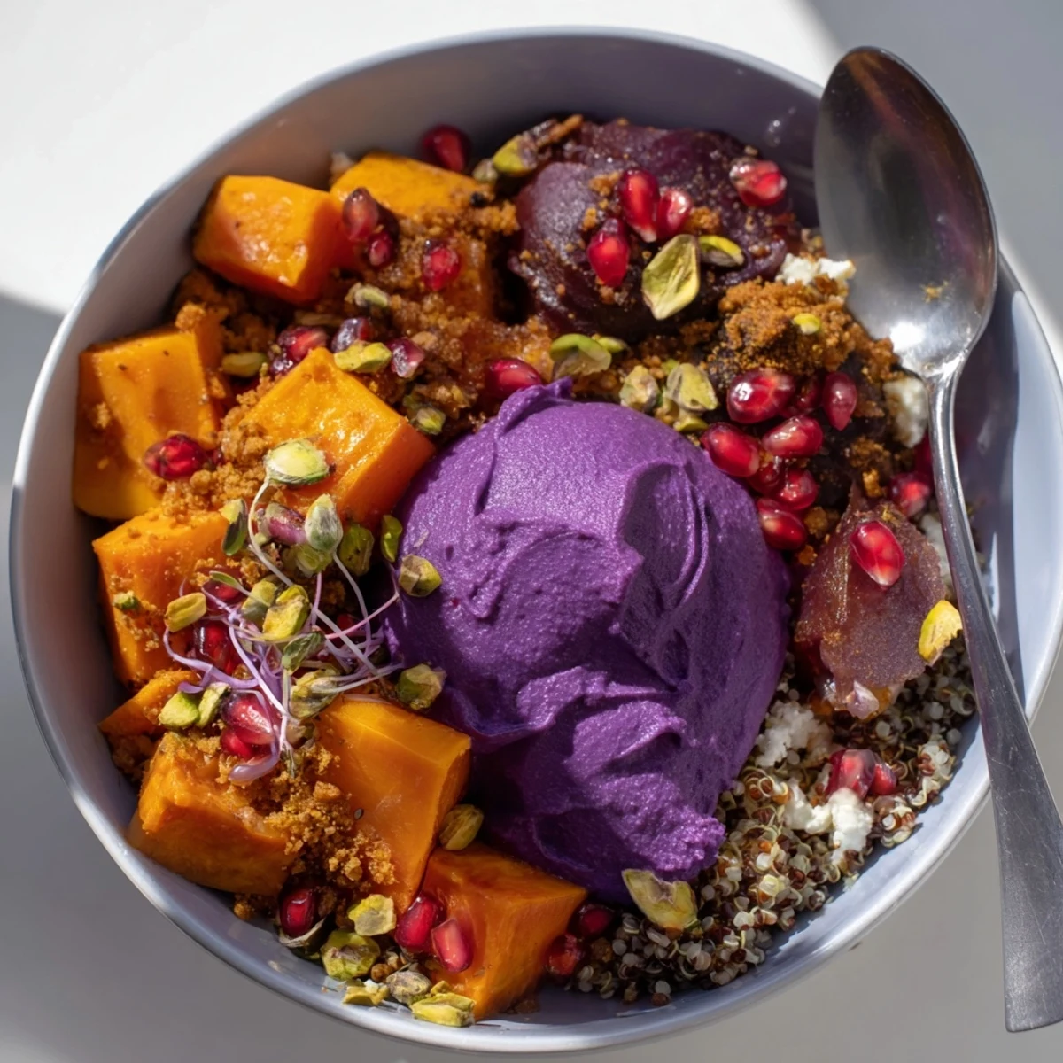 Cozy spiced winter bowls filled with roasted veggies, ube-coconut purée, and toppings.  