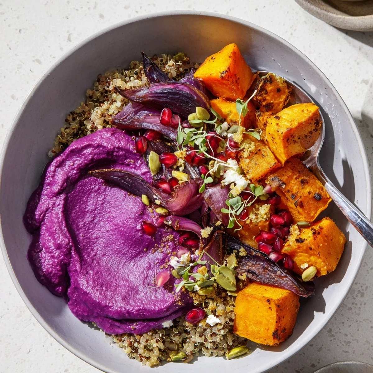 Warm roasted sweet potatoes and butternut squash in a nutrient-rich winter bowl.  