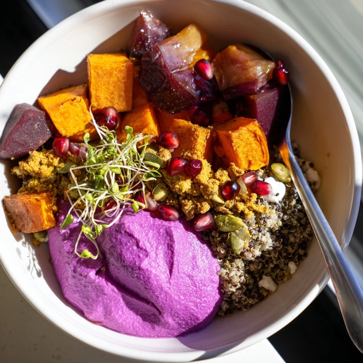 Delicious spiced winter bowls topped with pistachio-maple crumble and fresh greens.