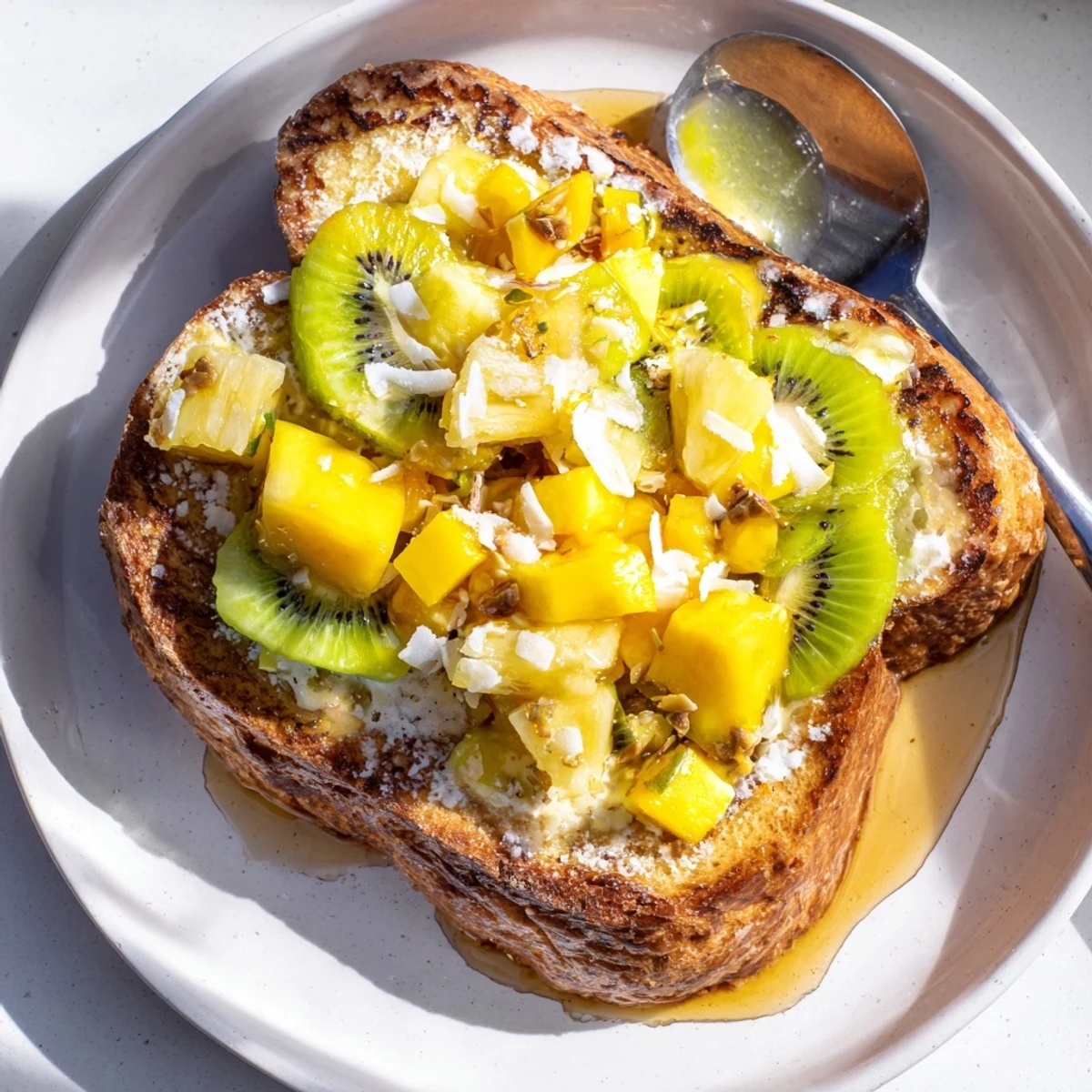 Creamy yogurt-custard toast topped with fresh tropical fruits for a delicious breakfast.  