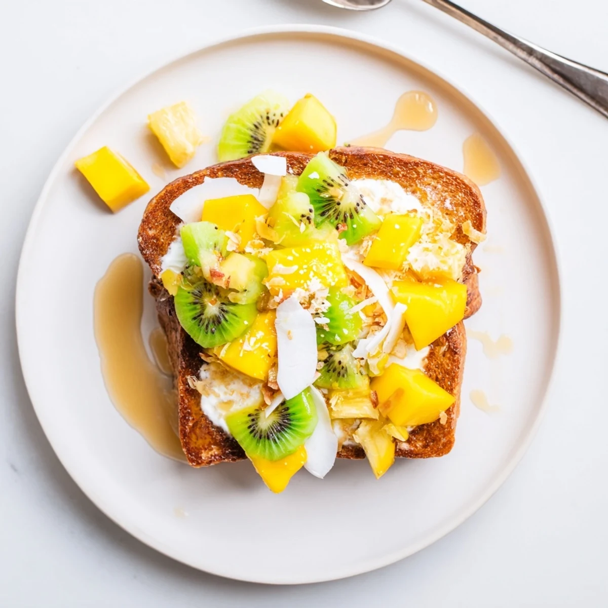 Golden-baked yogurt-custard toast with mango and kiwi for a vibrant brunch treat.  
