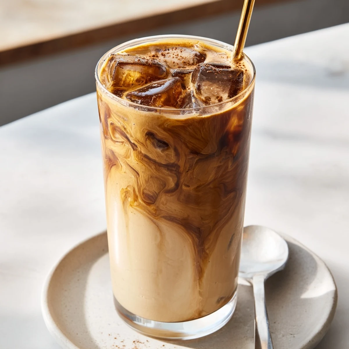 Deliciously creamy tahini iced coffee served over ice and drizzled with maple.  