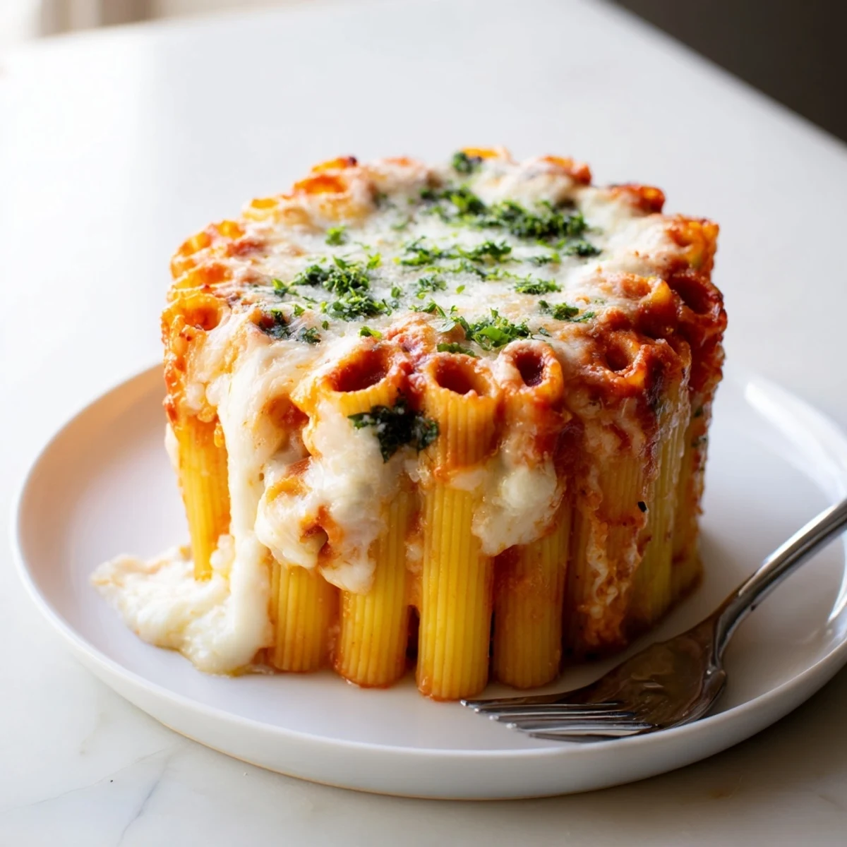 Delicious honeycomb pasta cake featuring upright rigatoni filled with creamy ricotta.