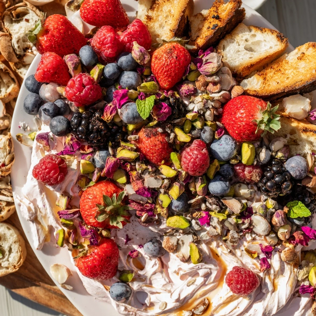 Whipped cream cheese butter board dessert topped with fresh berries and nuts.  