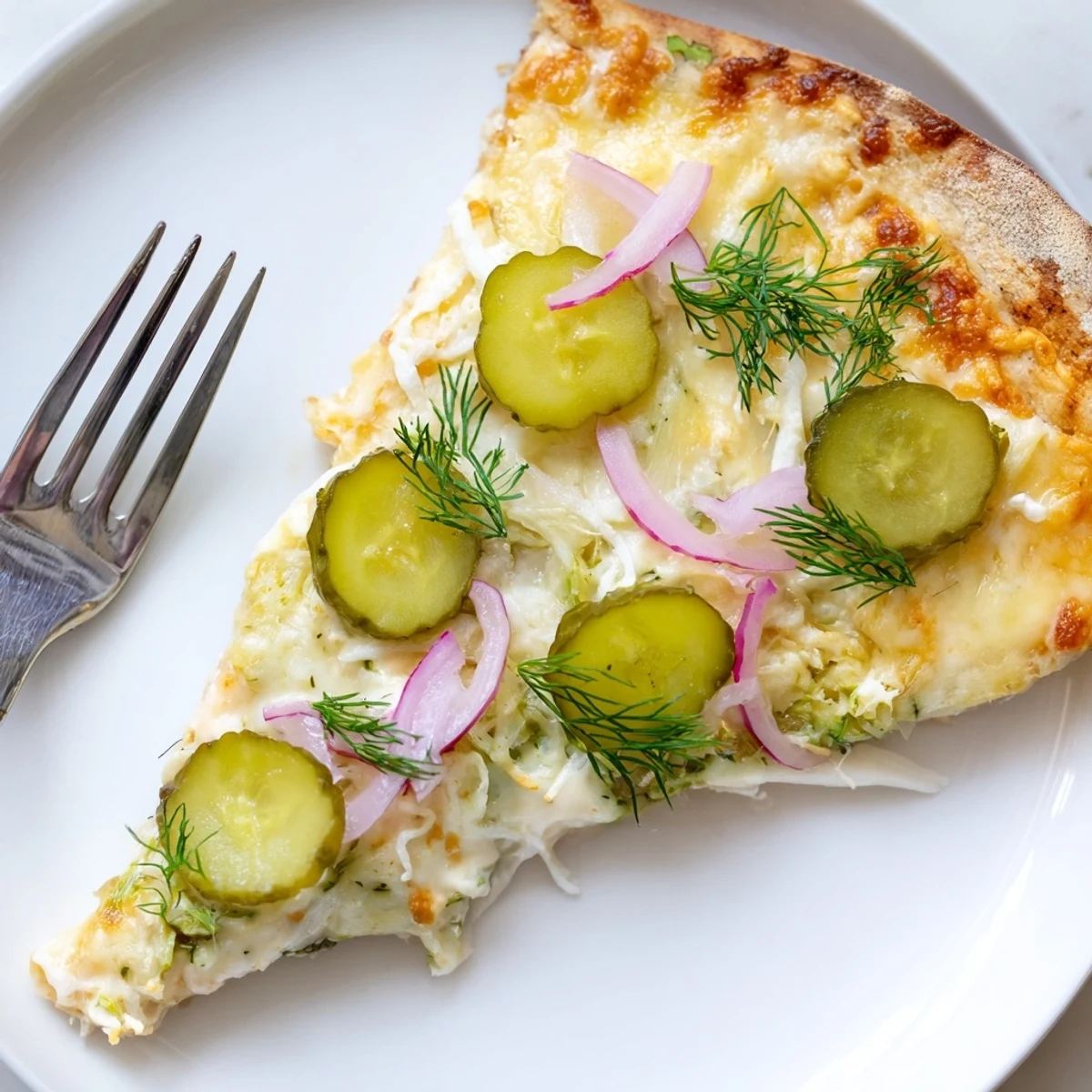 Deliciously unique Pickle Pizza topped with melted mozzarella and crunchy pickles.  