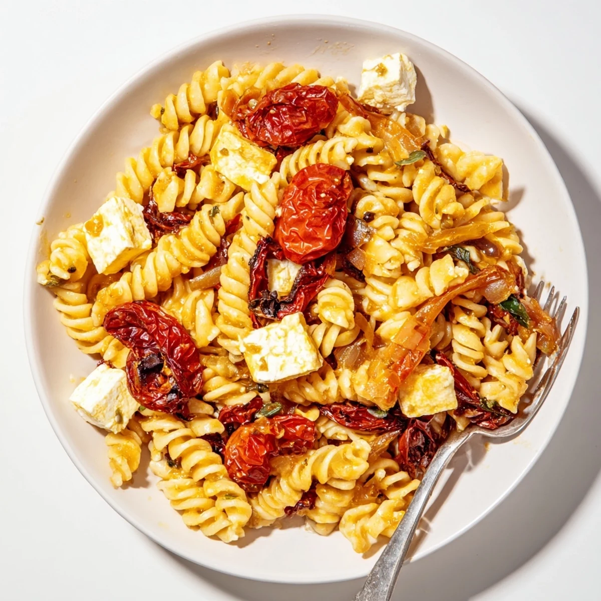 Creamy Baked Feta Pasta topped with caramelized onions and sun-dried tomatoes.  