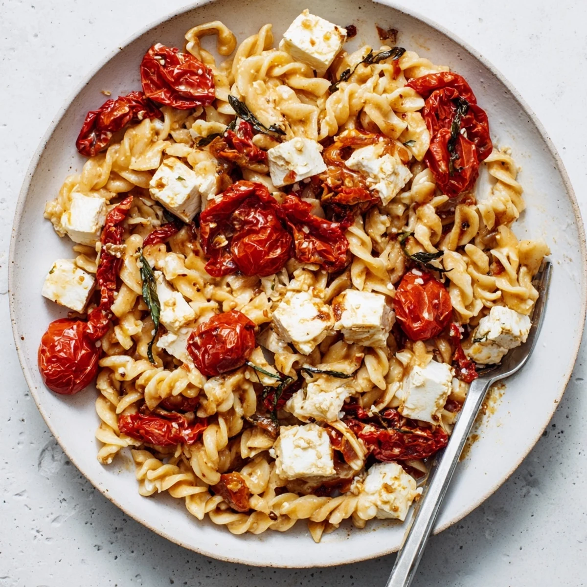 Rich Baked Feta Pasta served with fresh basil for a delightful meal experience.