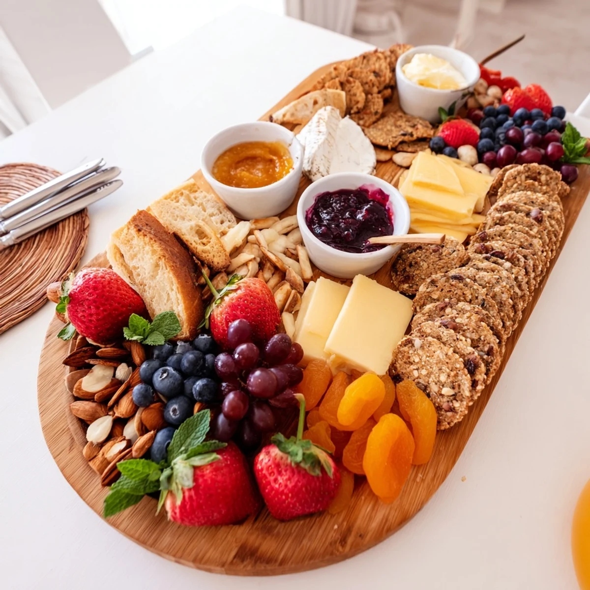 A colorful jam-infused brunch board with fresh fruits, artisan cheeses, and sweet spreads.  