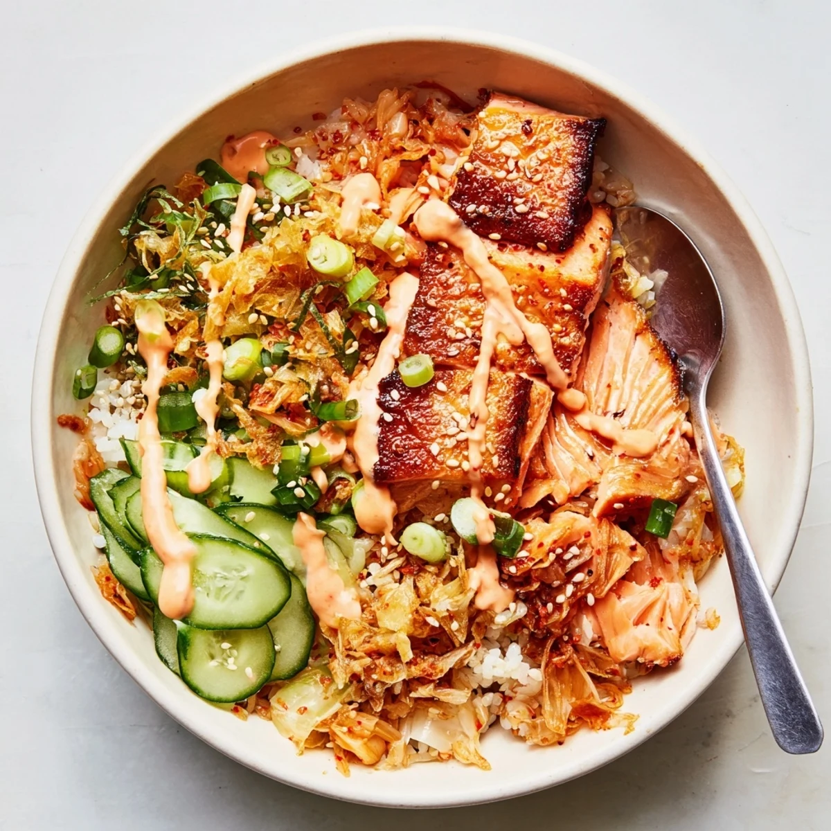 A vibrant crispy salmon rice bowl served with garlic, cucumbers, and sesame seeds.  