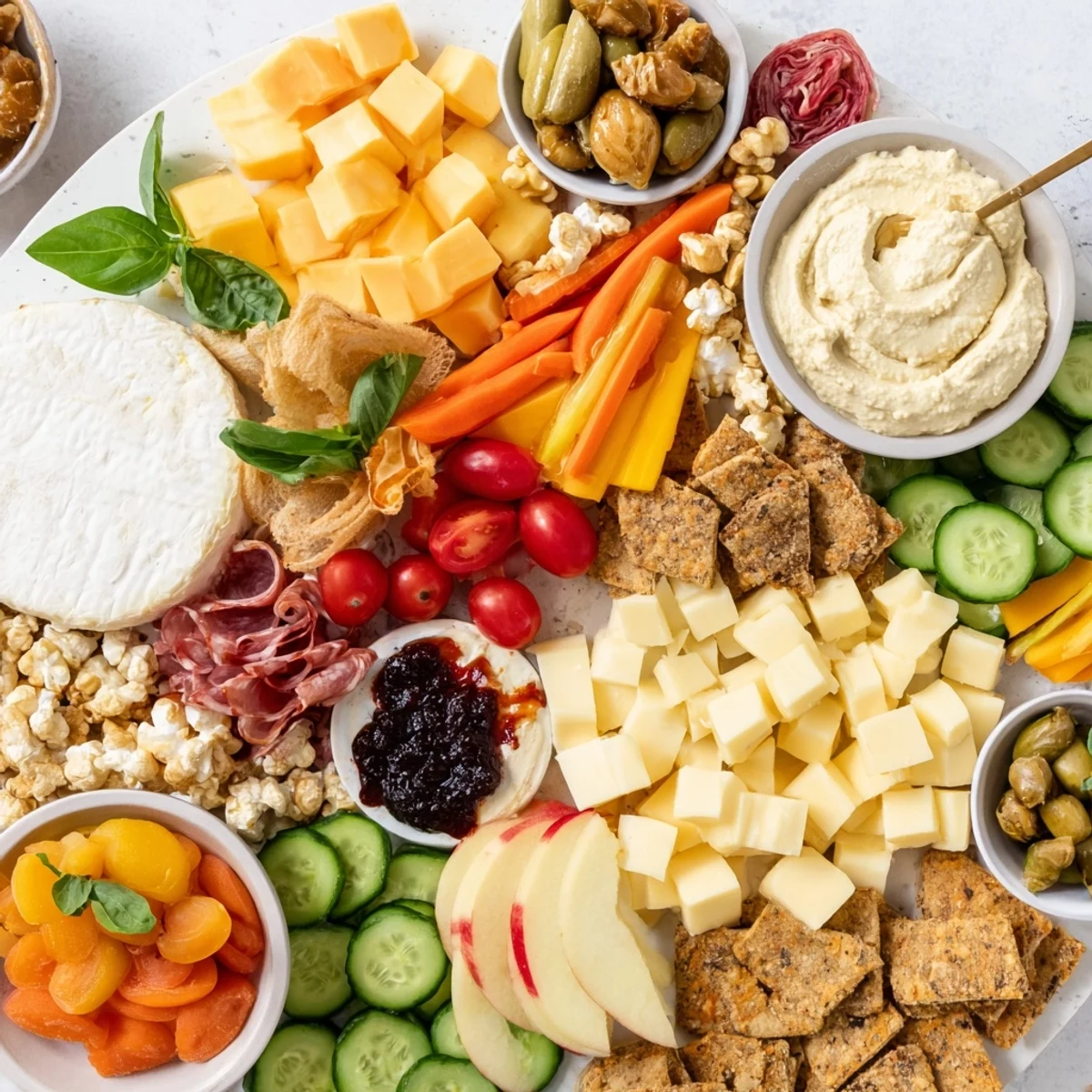 Colorful Girl Dinner Platter filled with cheeses, fruits, and dips for sharing.