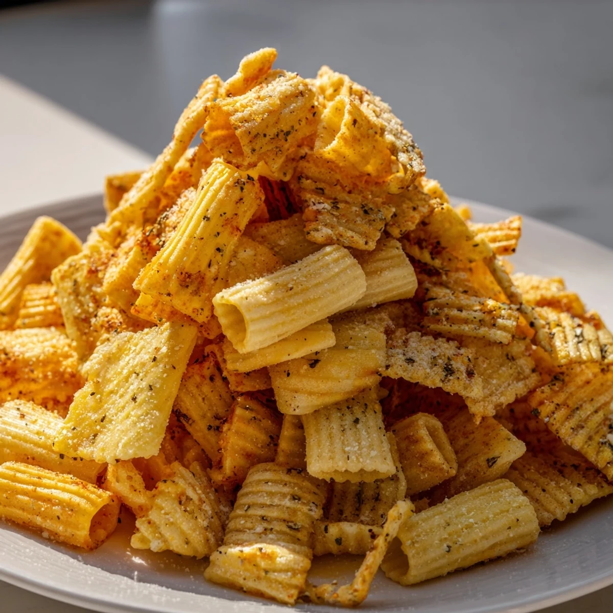Delicious variety of baked pasta chips, golden brown and irresistibly crunchy for snacking.  