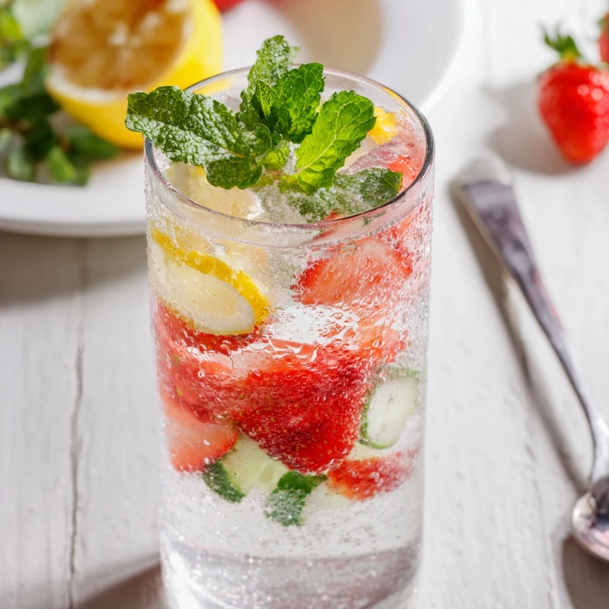 Colorful strawberry and cucumber water mocktails served in tall glasses with ice.  