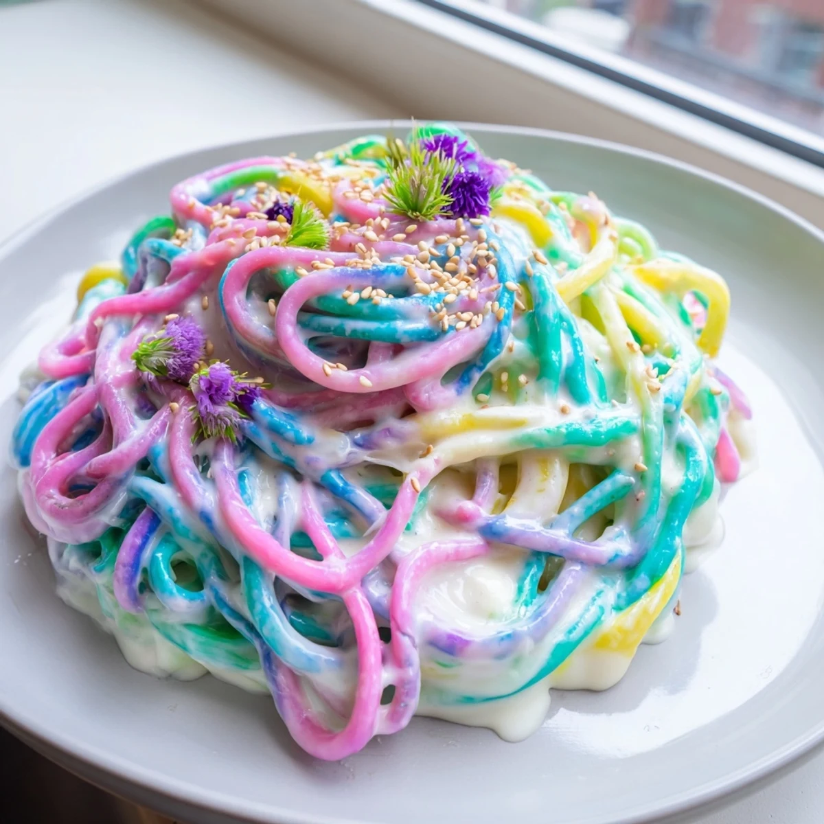 Colorful Neon Noodle Cloud bursting with flavor, served in a whimsical bowl presentation.