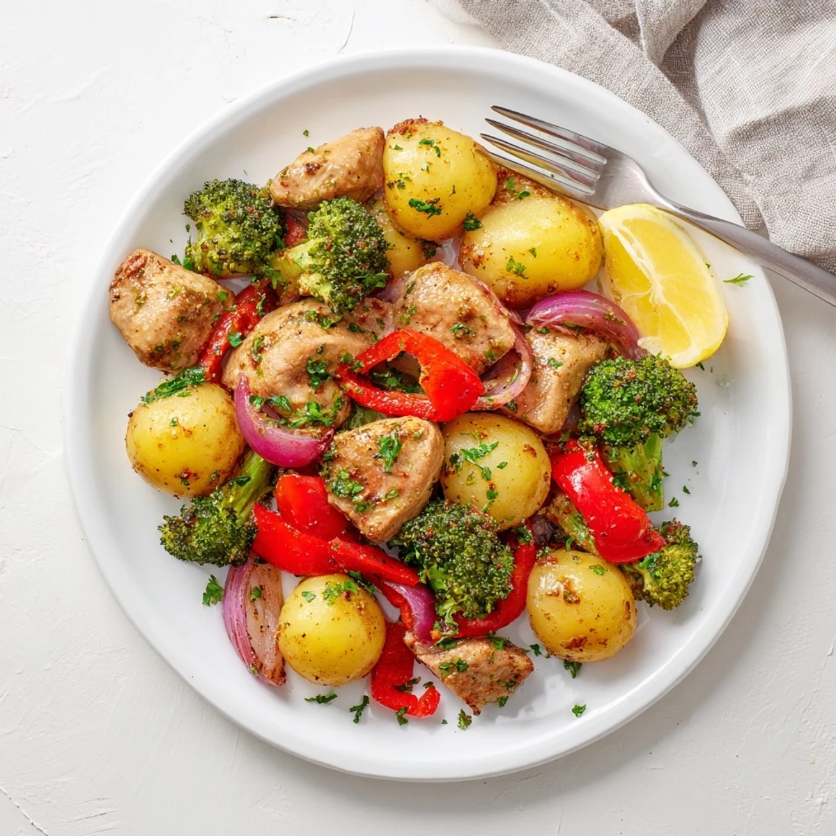 Juicy Lazy Gourmet Chicken & Vegetable One-Pot served with fresh lemon wedges.  