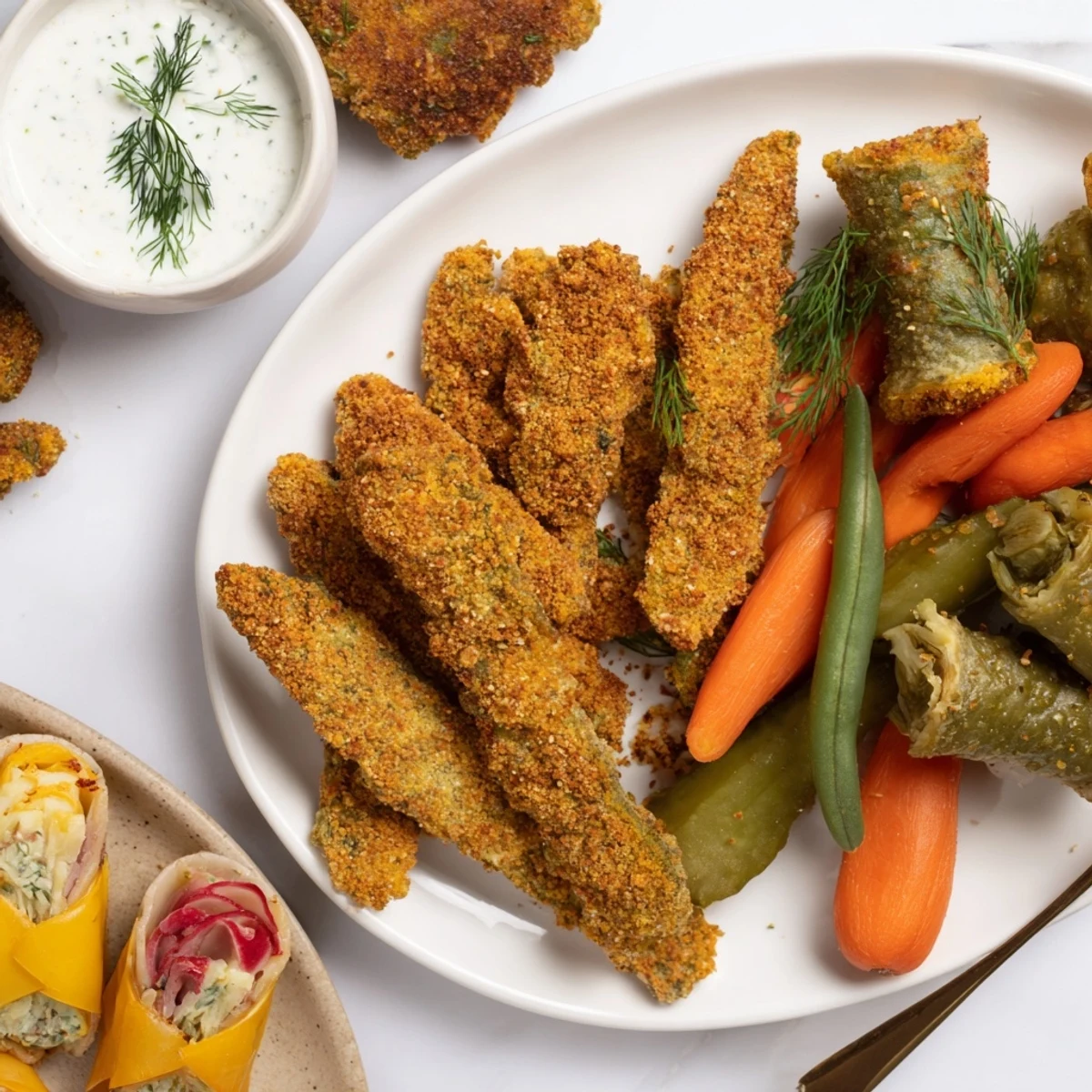 Crunchy fried pickles and cheesy pickled bites create a fun pickle lovers meal.