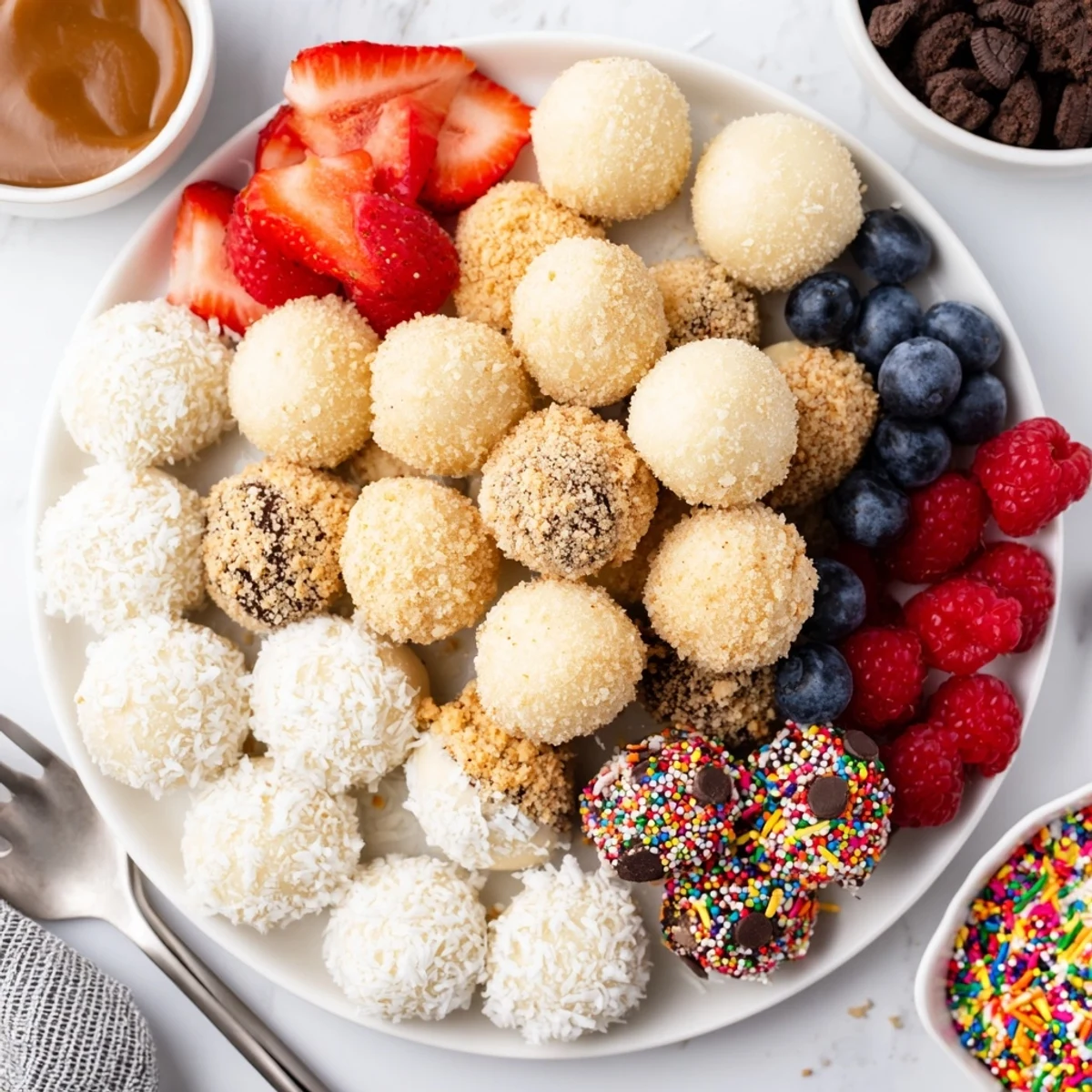 Creamy cheesecake bites decorated with fresh fruit and rich toppings on a platter.  
