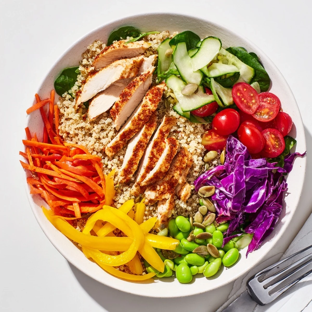 Vibrant Healthy Meal-Prep Bowls featuring layered quinoa, veggies, and zesty dressing.  