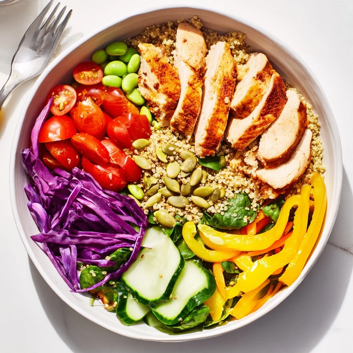 Colorful Healthy Meal-Prep Bowls brimming with fresh vegetables and tender chicken slices.  