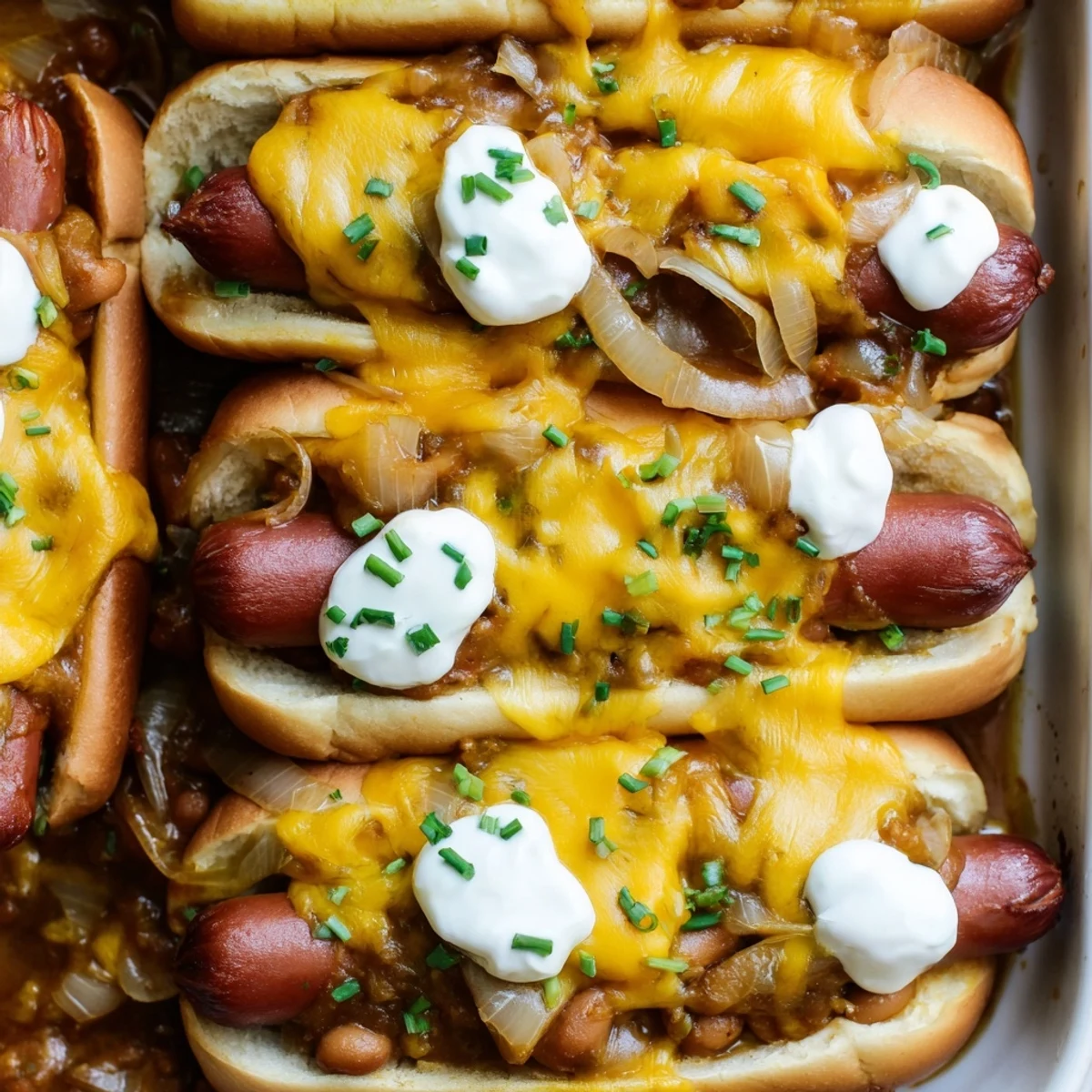 Delicious chili dog casserole topped with melted cheese and fresh chives.  