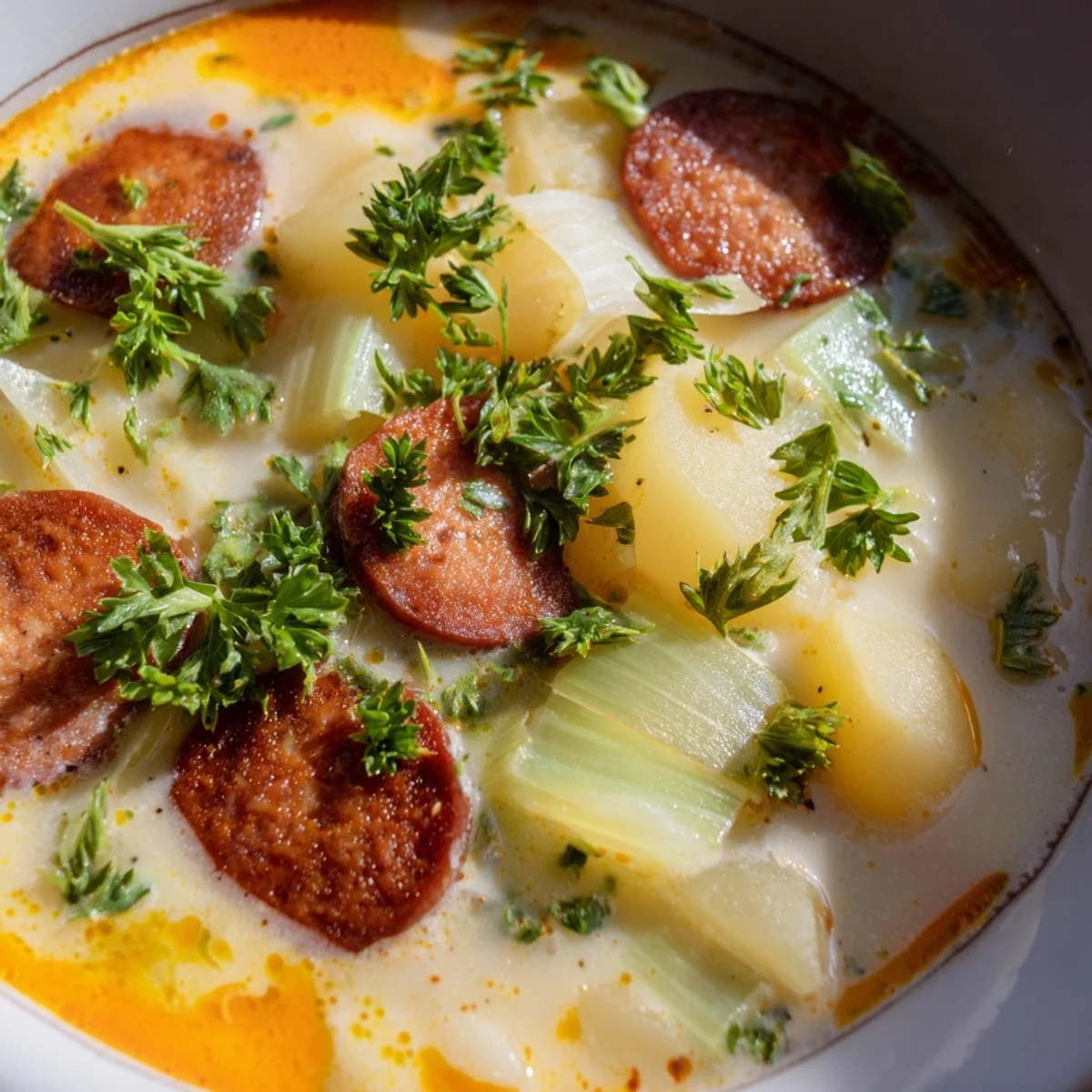 Creamy Potato, Leek & Chorizo Soup bowl topped with parsley and crusty bread.  