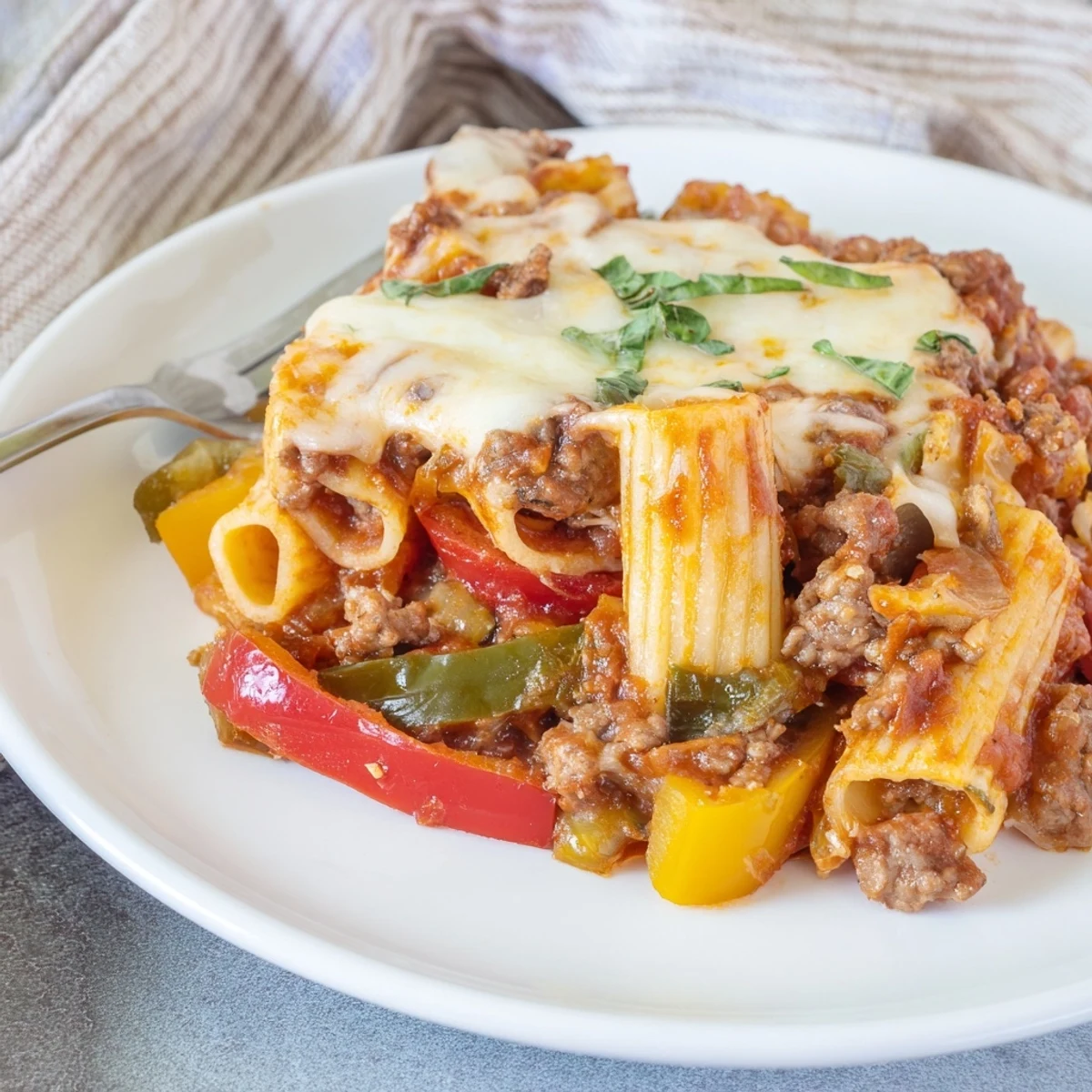 Hearty baked rigatoni with sausage and peppers, topped with melted cheese.  