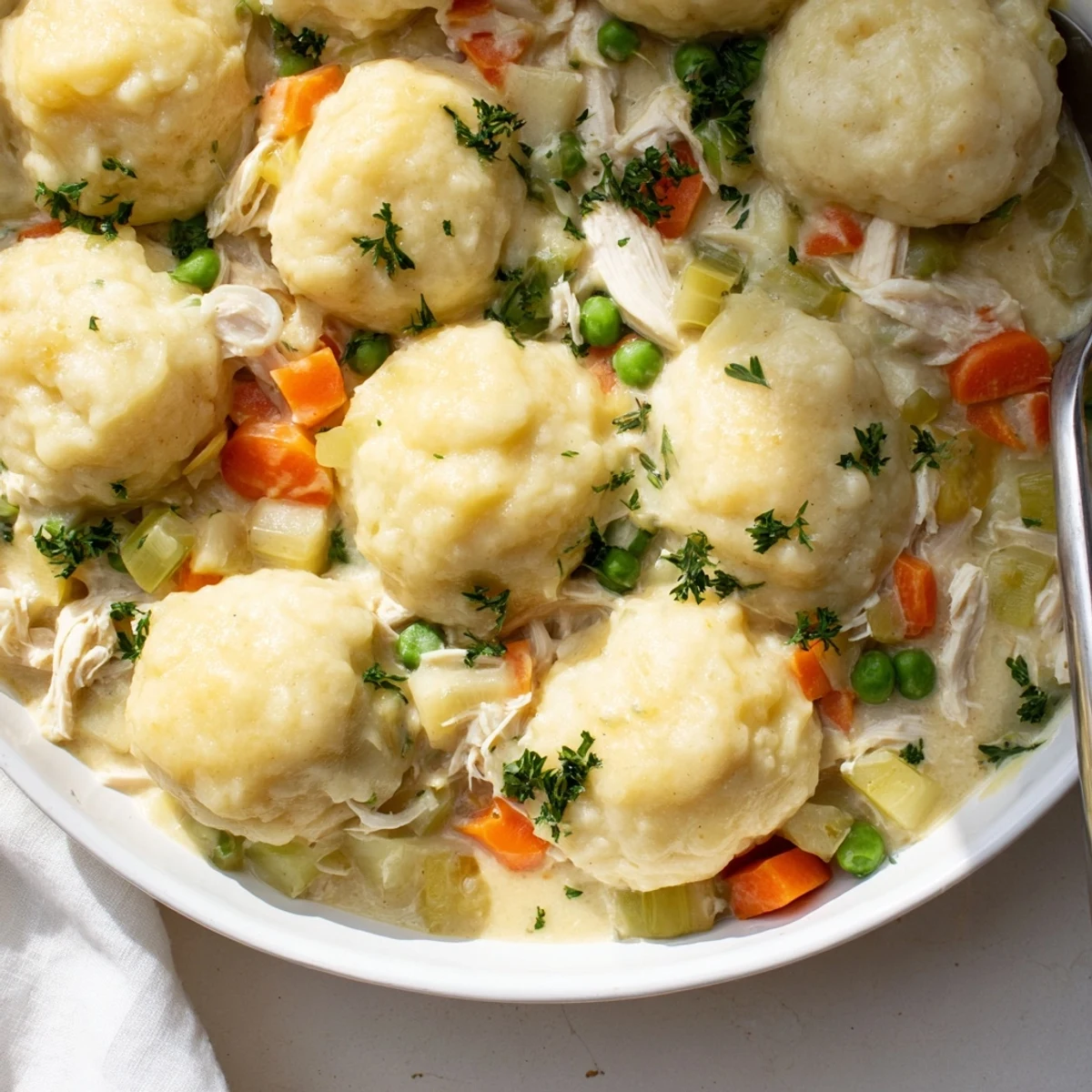 Hearty Chicken and Dumplings Casserole topped with golden, fluffy dumplings for comfort food bliss.  