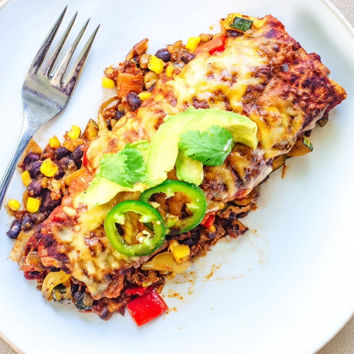 Colorful Farmers Market Vegetarian Enchiladas topped with melted cheese and fresh avocado slices.  