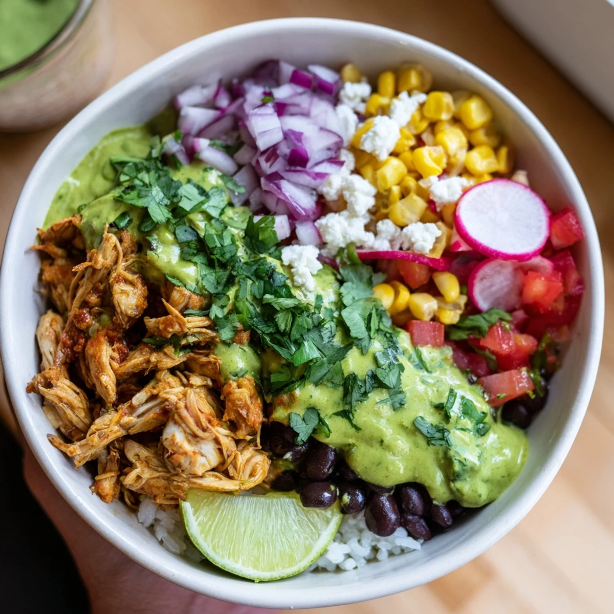 Vibrant green enchiladas rice bowl featuring zesty sauce, tender chicken, and toppings.  