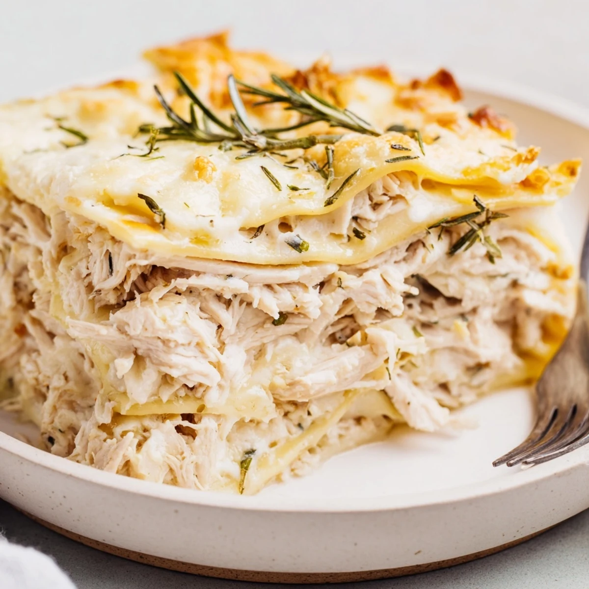 Golden Rosemary Chicken Lasagna baked to perfection, topped with bubbling mozzarella cheese.