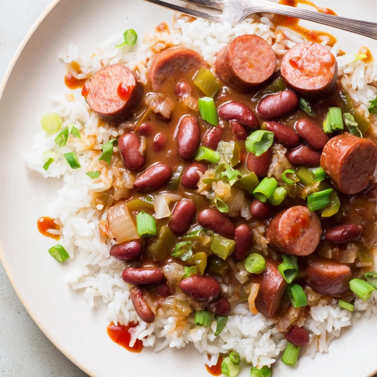 Hearty Red Beans & Rice filled with smoky sausage, served over fluffy rice.  