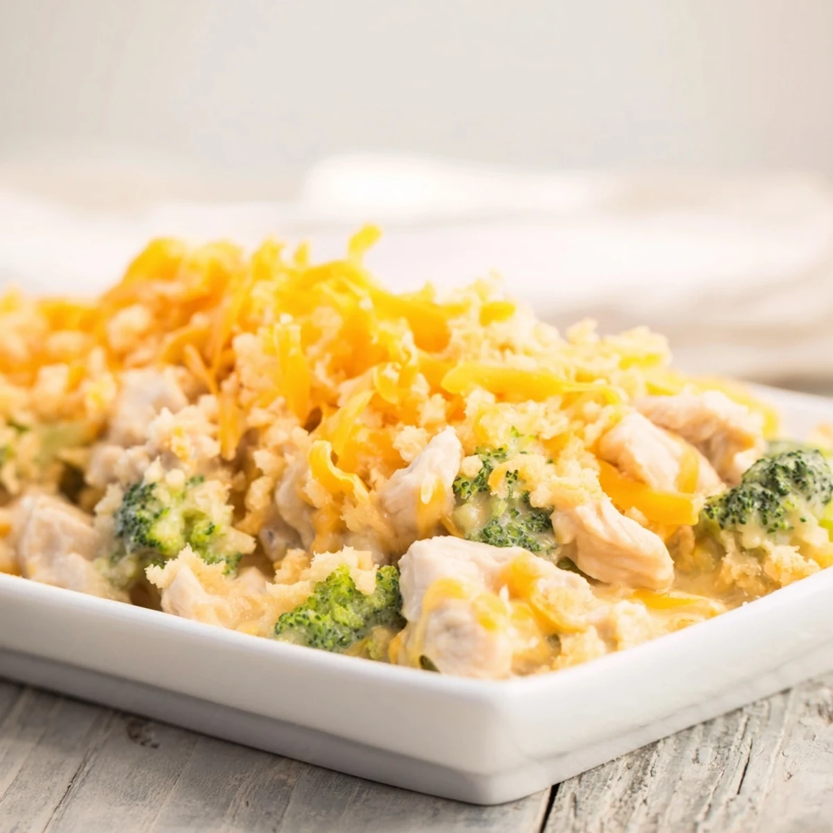 Golden and bubbly Chicken & Broccoli Cheddar Bake, ready to serve with a creamy cheese topping.