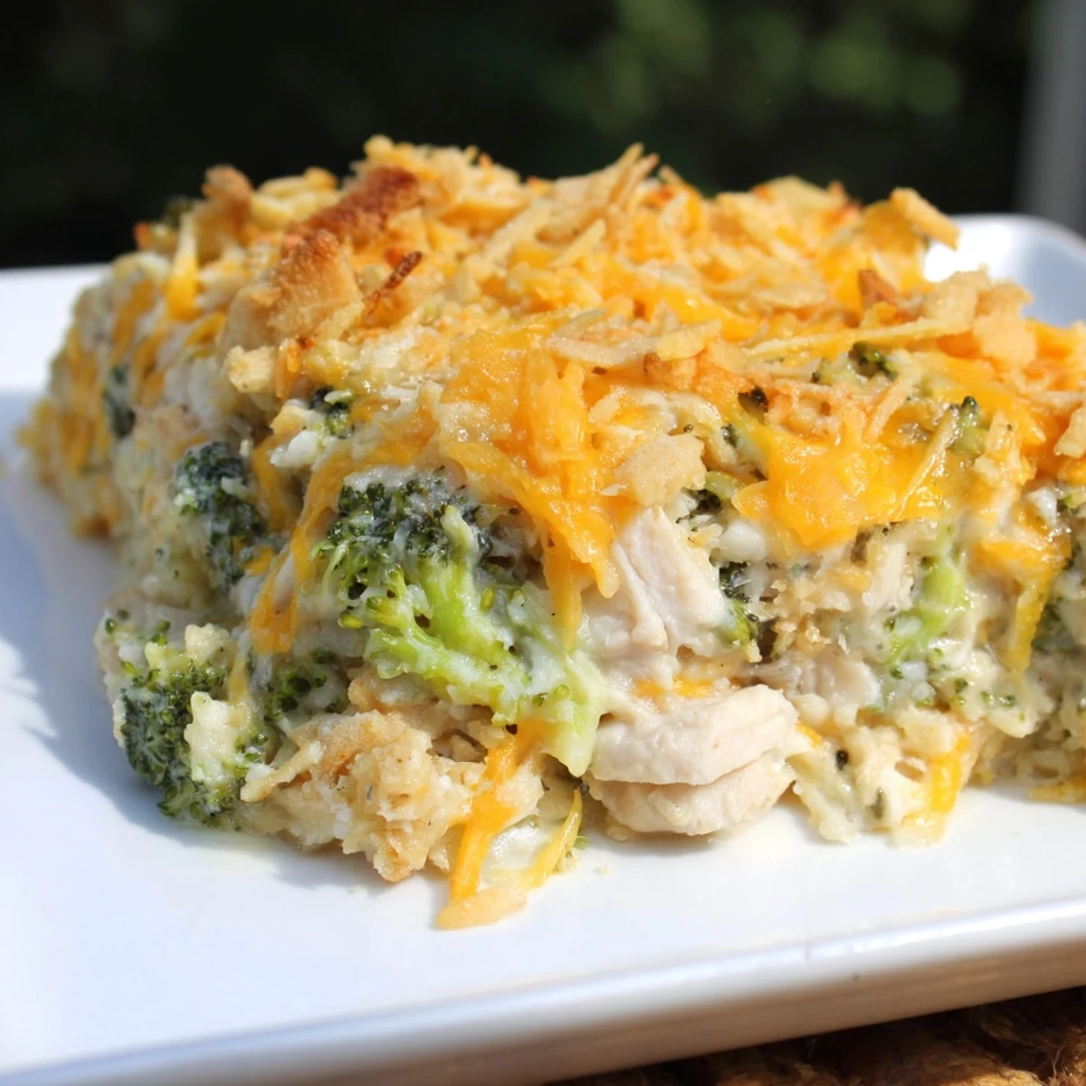 A close up shows the delicious Chicken & Broccoli Cheddar Bake simmering with melted cheese and tender chicken.