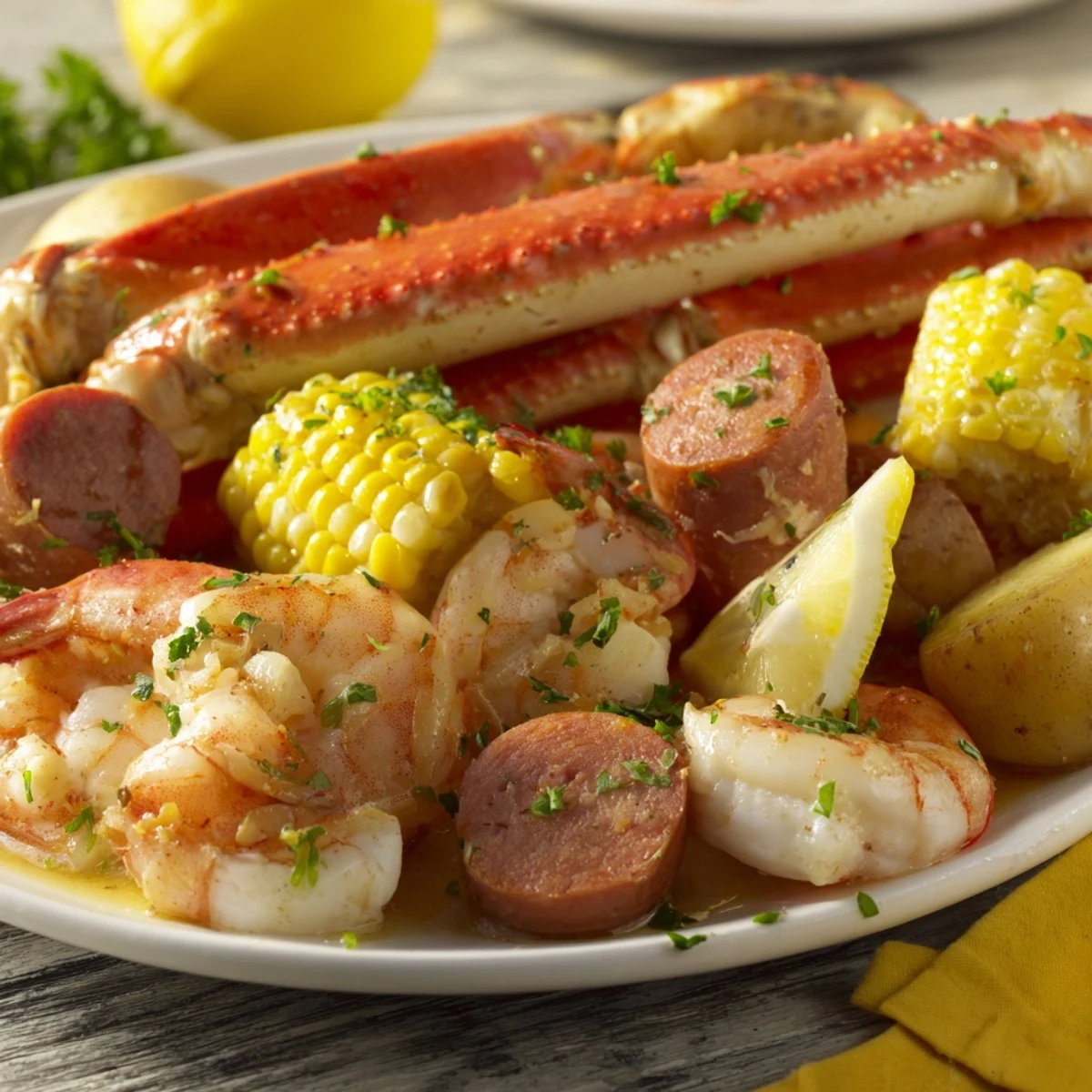 Steaming seafood boil with crab, shrimp, sausage, and corn arranged on parchment paper, ready to eat!