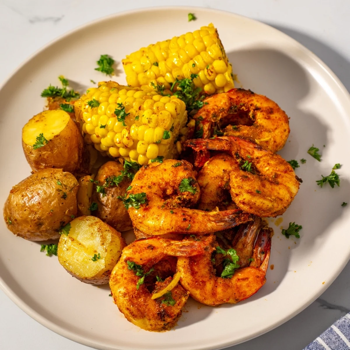 Cajun Shrimp & Sweet Corn Platter: Spicy shrimp, roasted corn, beautiful red peppers, ready to eat.