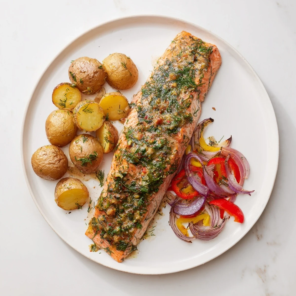 Sheet pan Lemon Herb Salmon & Potatoes sizzling with crispy potatoes alongside flaky salmon and fresh herbs.